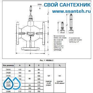 10226 Honeywell, V5329C1000 Клапан трехходовой линейный смесительный фланцевый, PN6, DN15, Kvs 2.5, 20мм, 2…170 °C
