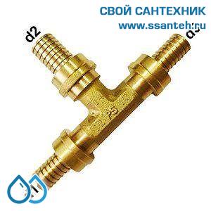 18125 Herz, P551402 Тройник латунный под надвижную гильзу переходной, 14х2,0-14х2,0-12x2,0